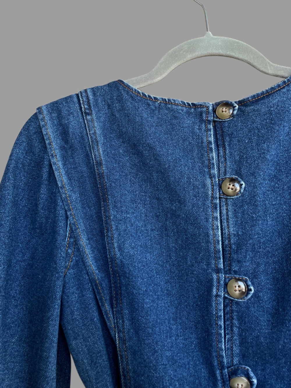 SEZANE Blue Denim Tie Waist Belted Puff Sleeve Button Back Haneia Mini Dress - Picture 13 of 15